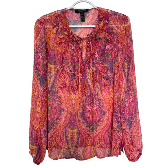 LRL Ralph Lauren Silk Chiffon Sheer Paisley Blouse Top Size M Petite Multicolor - Picture 1 of 12